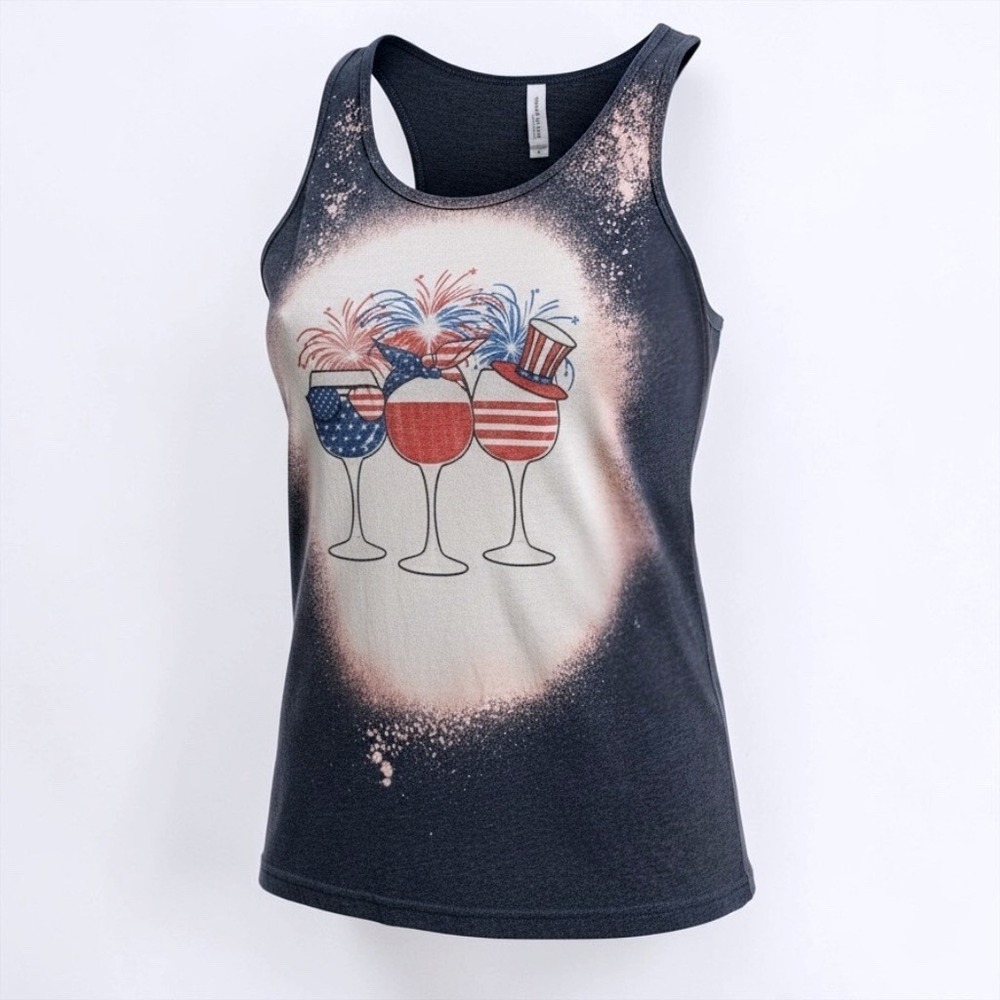 Bella Canvas Womens Patriotic Wine Glass Bleached Graphic Tank Top Navy Medium